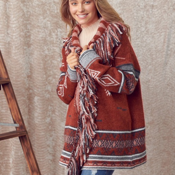 Brick Red Tribal Print Fringe Open Front Cardigan - Picture 2 of 8